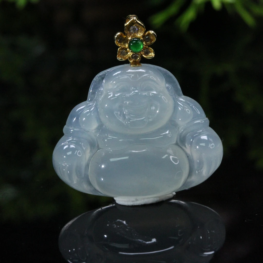 天然缅甸翡翠A货18K金镶白冰笑口常开佛公吊坠/1228133/拍卖