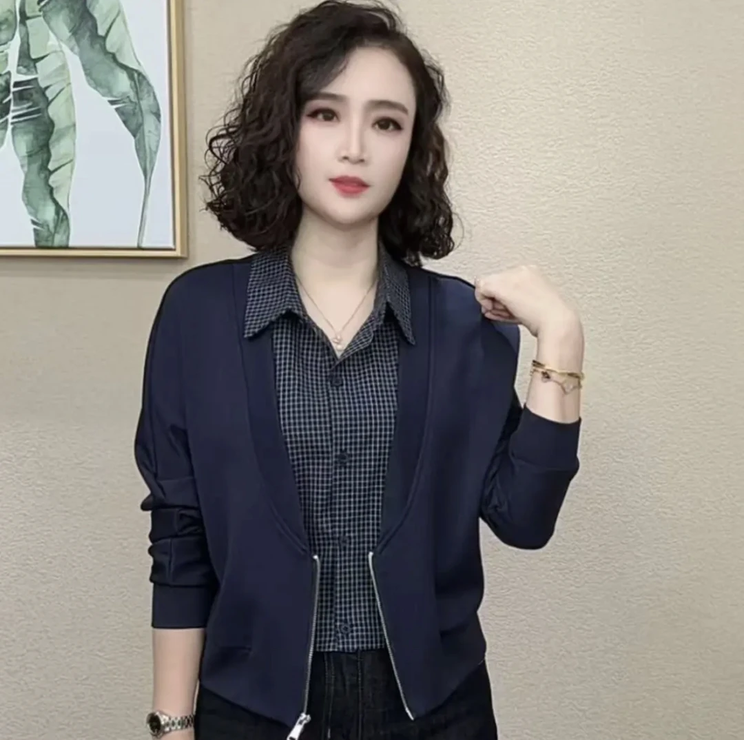 2025秋冬女常规款拉链假两件长袖休闲拼接常规显瘦修身秋季