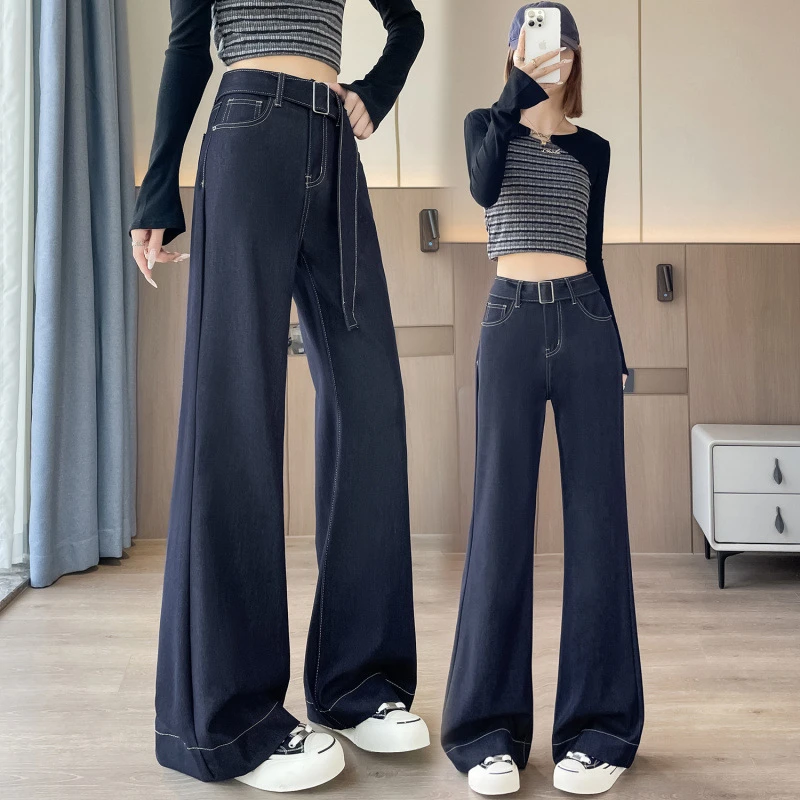 新款宽松直筒喇叭牛仔裤女绣花设计丹宁色夏季裤子