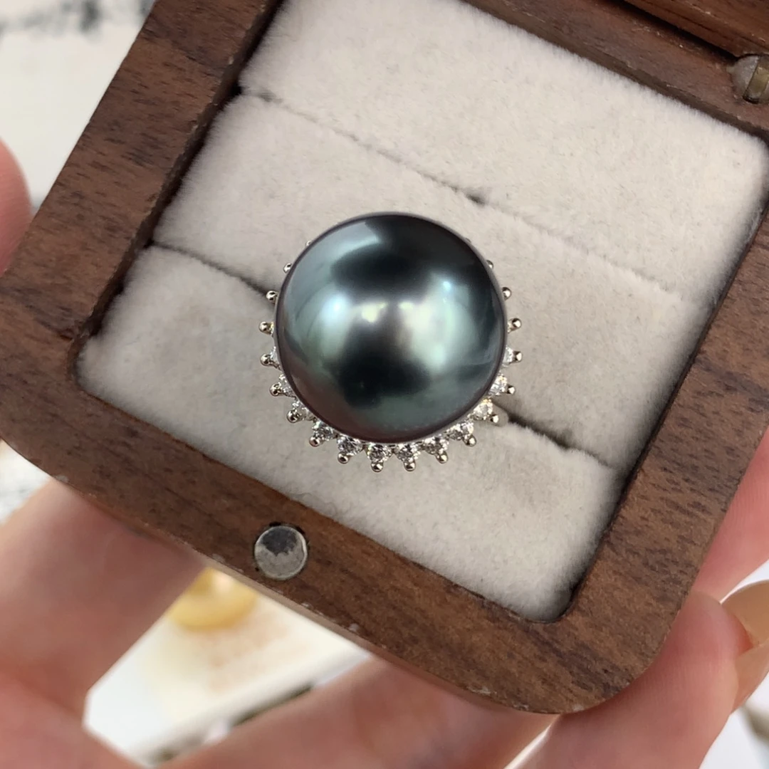定制海水珍珠银S925镶嵌戒指/指环大溪地14.5mm