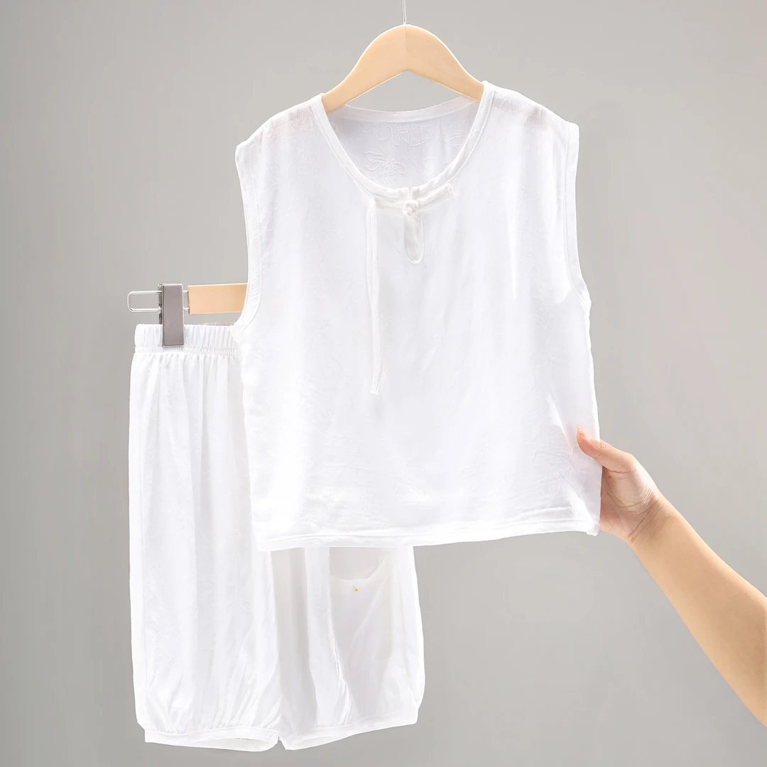 儿童夏季套装男童女大童中式绵绸无袖两件套男孩帅气薄款 521567