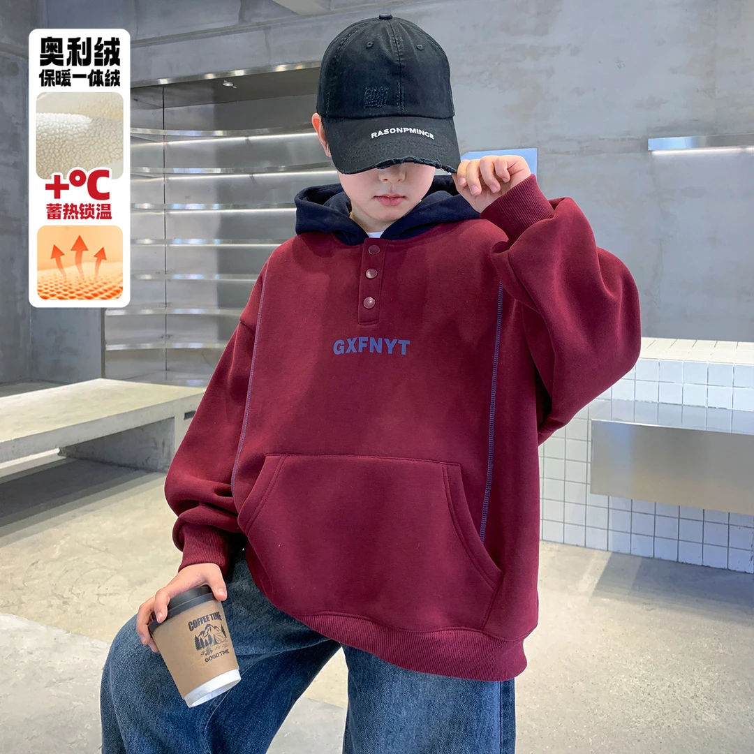 男童冬季加绒红色卫衣2026新款儿童中大童本命马年加厚冬装新年服