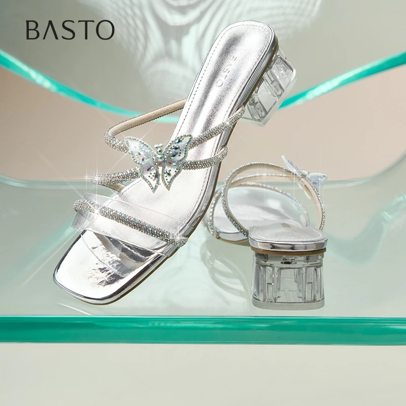 百思图2025夏季新款时尚潮流通勤时装拖粗跟女拖鞋BP992BT5