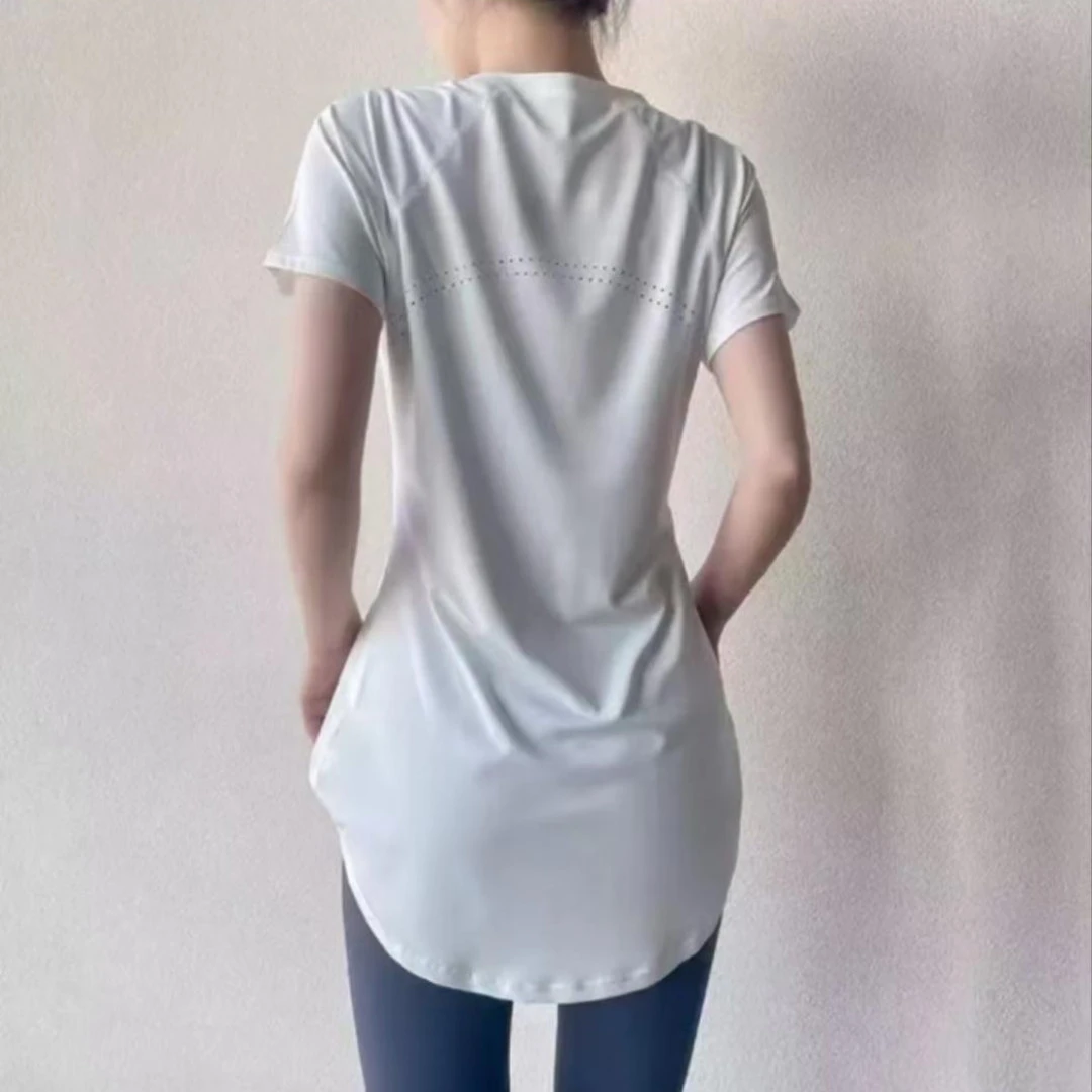 新款大码长款背孔修身短袖运动休闲时尚透气女款女速干