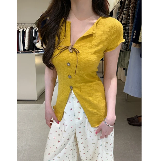 夏季法式设计感开叉修身短袖t恤女气质v领打底衫别致洋气系带上衣