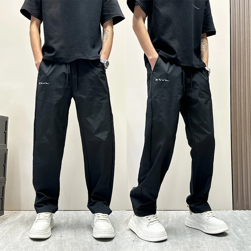 夏薄款黑色裤子男2025新款宽松直筒裤痞帅潮牌刺绣休闲运动裤百搭