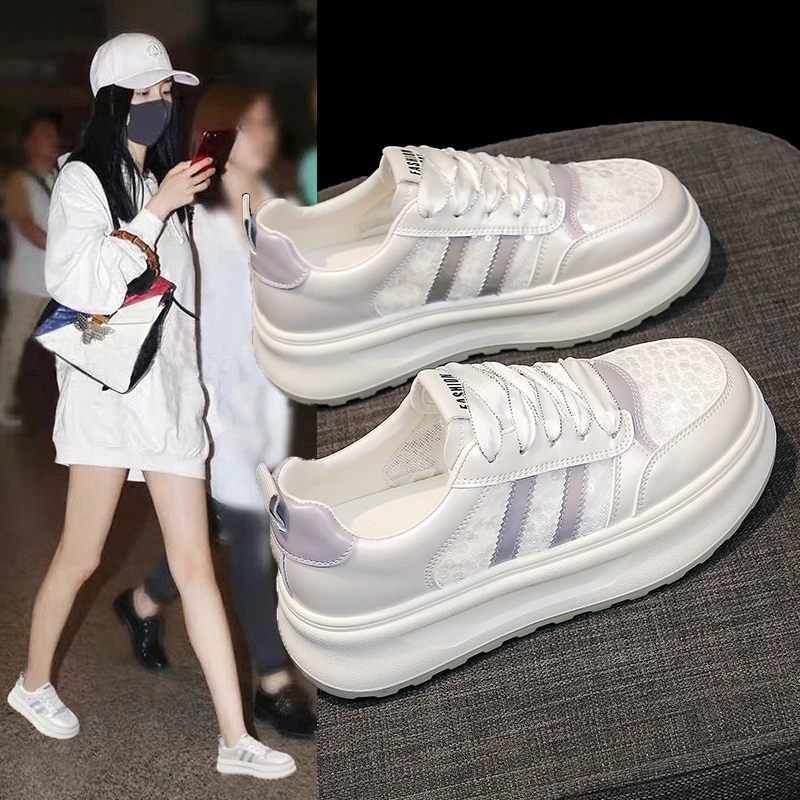 新款透气2025皮网拼接时尚休闲百搭夏季厚底小白鞋