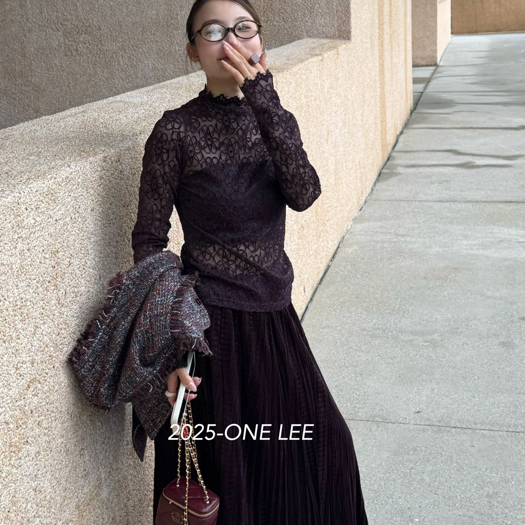 【BAI】秋季新款时尚蕾丝拼接立领长袖打底衫女80938