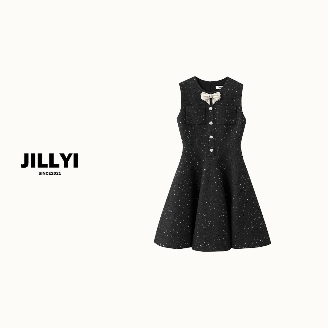 JILLYI【冰可可】黑色圆领领口立体蝴蝶结装饰轻奢闪亮连衣裙