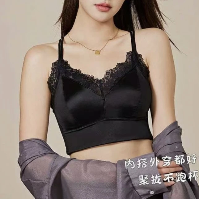 200斤蕾丝纯欲V领抹胸美背交叉双肩带胸垫一体式无痕薄款吊带背心