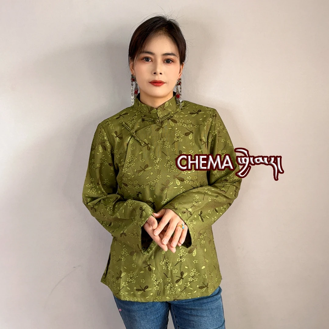 夏季藏装衣服女年轻幻彩蜻蜓花优质藏服衬衫国风装盘扣显瘦拉萨服