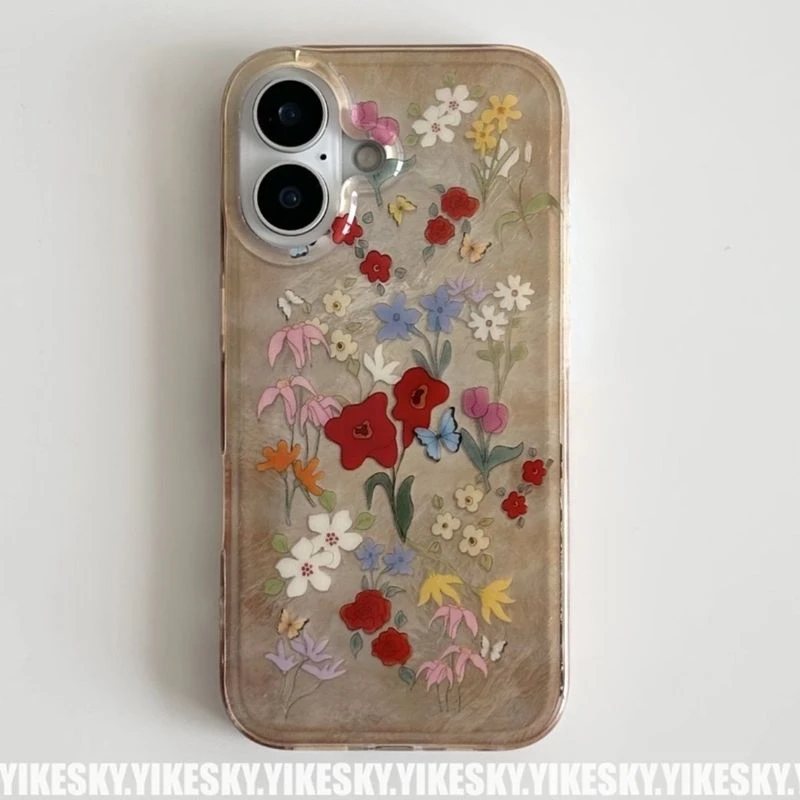 双层秋日复古晕染花朵iPhone16promax手机壳苹果151413女14pro潮