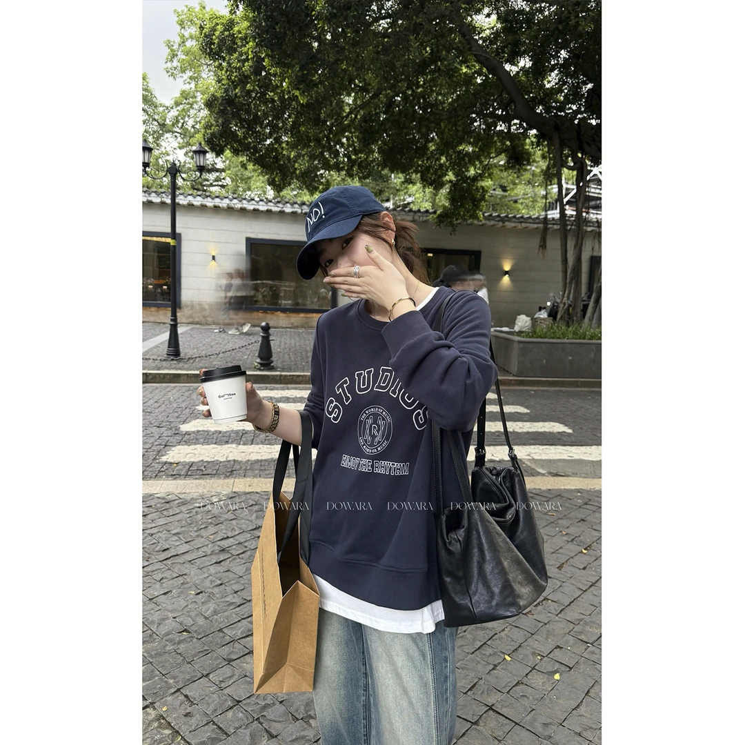 现货大婉酱微胖定制【韩系大学生】韩系字母圆领卫衣洋气上衣0173D