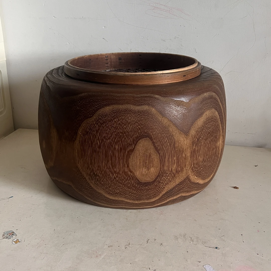 日本宽38.4cm超大老桐木火钵/烧烤钵天然木纹一木挖火钵紫铜内胆