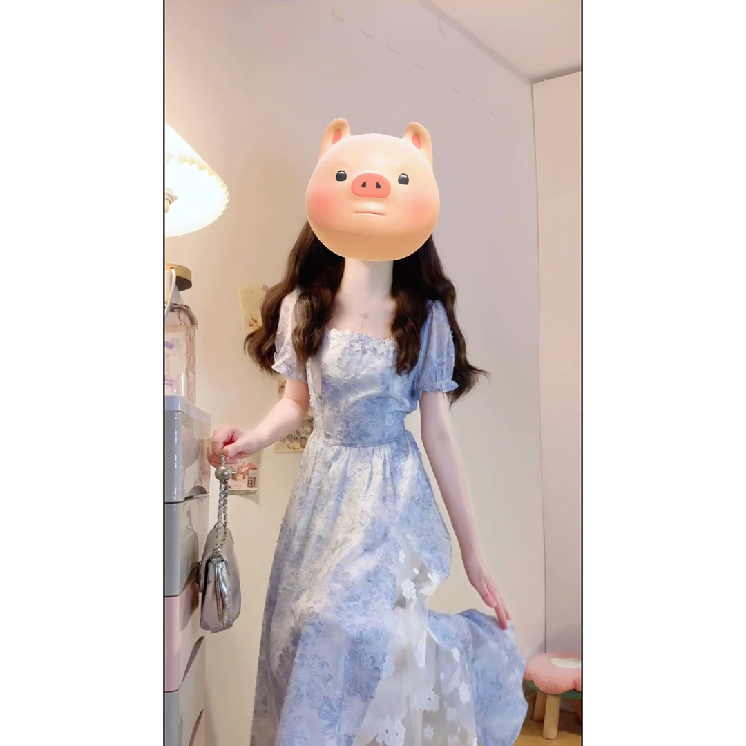 大码【风传花信】夏季新款法式甜美立体印花拼接A字摆连衣裙