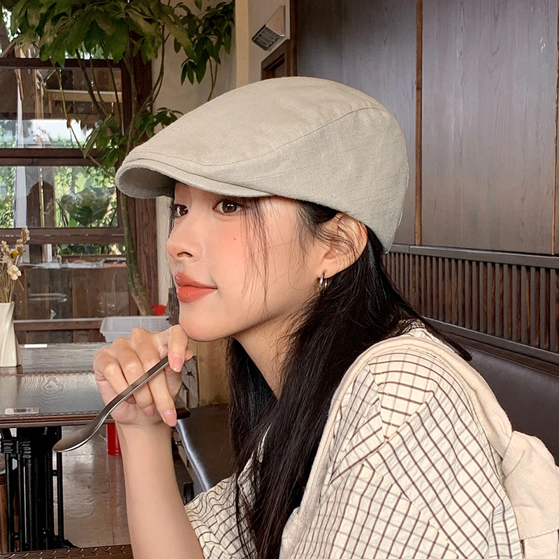 日系复古前进帽女春秋棉麻可调节大头围鸭舌帽女士时尚简约贝雷帽