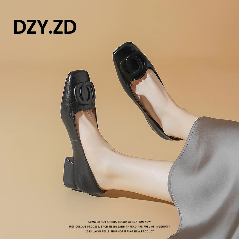 真皮轻奢方头粗跟单鞋女黑色气质显瘦百搭​​秋季休闲法式通勤女鞋