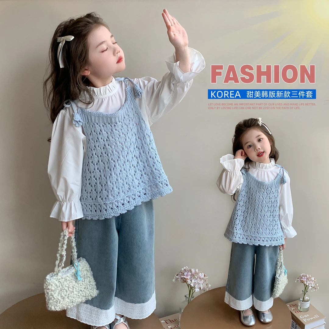 女童套装春秋新款2025韩系女宝宝衬衫针织吊带蕾丝花边牛仔阔腿裤