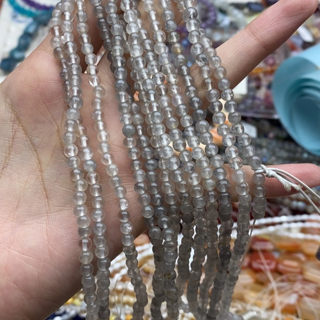 玛瑙/玉髓未镶嵌珠宝半成品一条装纯天然云雾灰水晶圆珠4.2mm