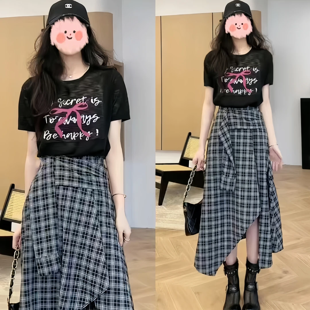 2025夏季字母印花轻薄微透短袖T恤上衣显瘦百搭不规则半身裙套装