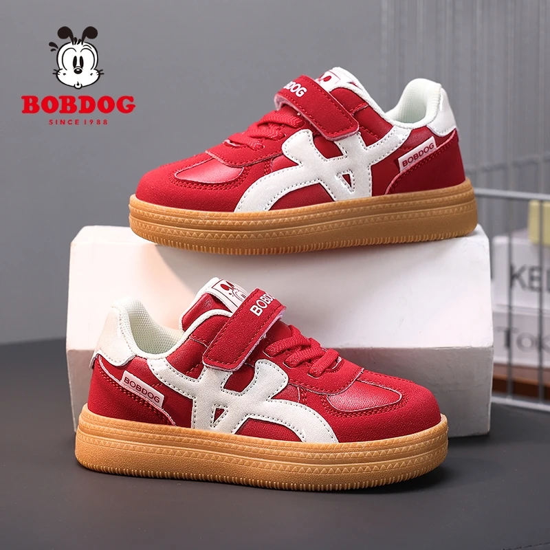 巴布豆儿童德训鞋男女童板鞋2025秋季舒适防滑红色超火复古运动鞋