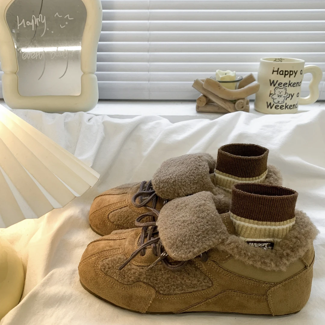 复古软底内增高德训鞋女2025新款秋冬加绒毛毛棉鞋防滑运动阿甘鞋