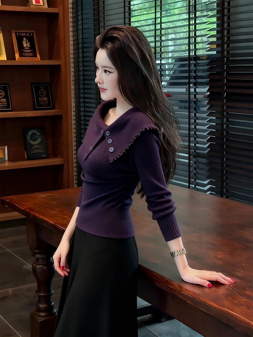 秋冬淡人高知穿搭韩系慵懒高级轻熟风紫色翻领针织衫内搭打底上衣