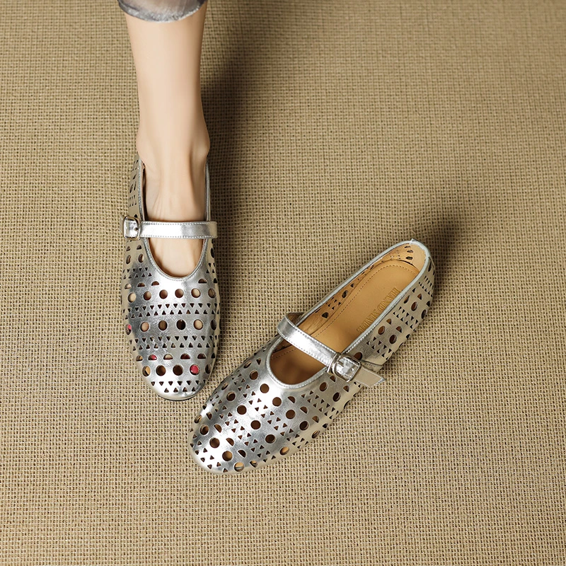 诗宝斐尔~法式镂空一字带玛丽珍鞋女夏真皮圆头洞洞凉鞋平底单鞋