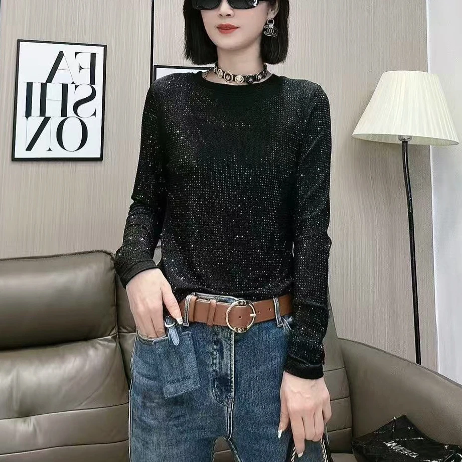 【合肥欢欢】68610#欧货重工烫钻修身显瘦大码弹力长袖T恤女打底衫