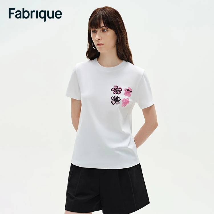 Fabrique 春夏新款波普艺术花卉印花刺绣匹马棉时尚百搭合身T恤