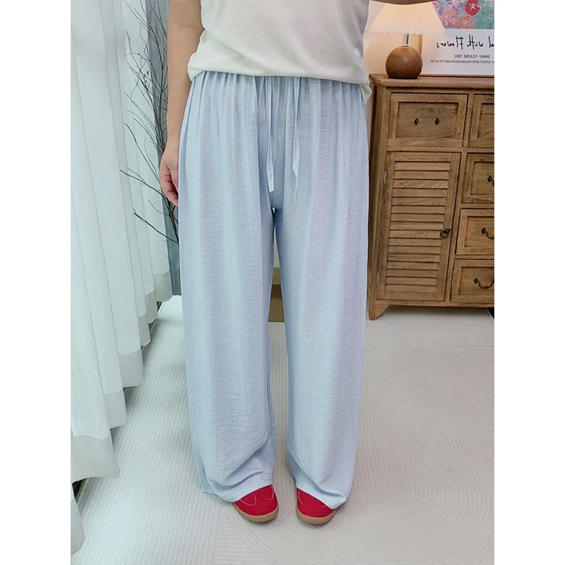 “亚麻皱” 夏季新款简约百搭高腰宽松抽绳阔腿拖地遛弯裤直筒裤