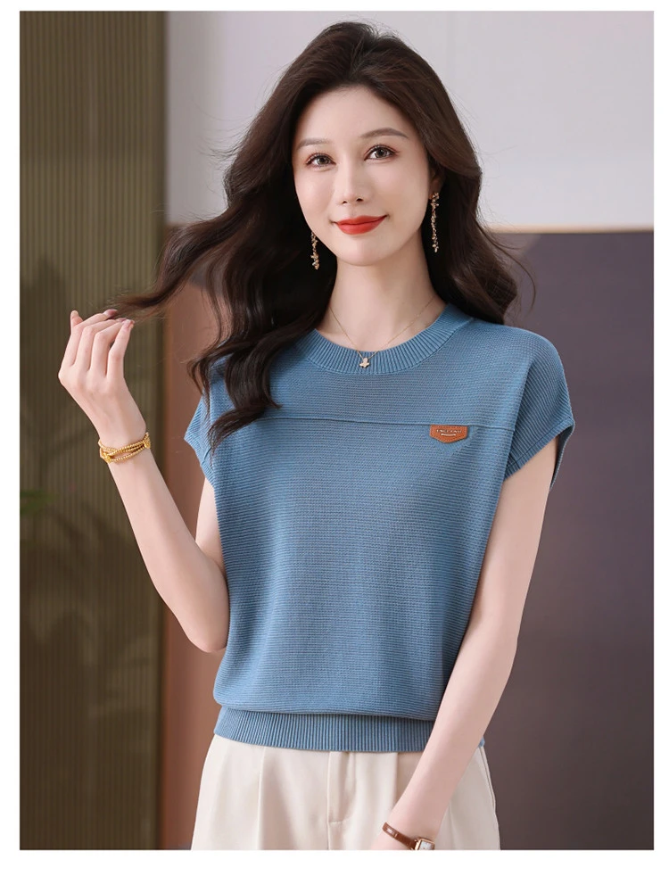 夏季圆领纯色短恤宽松显瘦短袖百搭针织蝙蝠衫加大短袖针织衫t恤