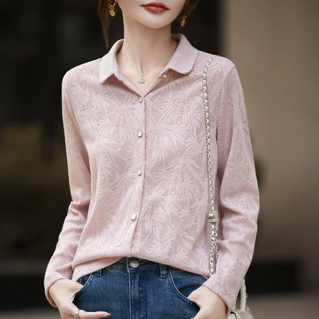 法式蕾丝提花POLO领针织衫薄款百搭通勤职业长袖衬衫女春季新款