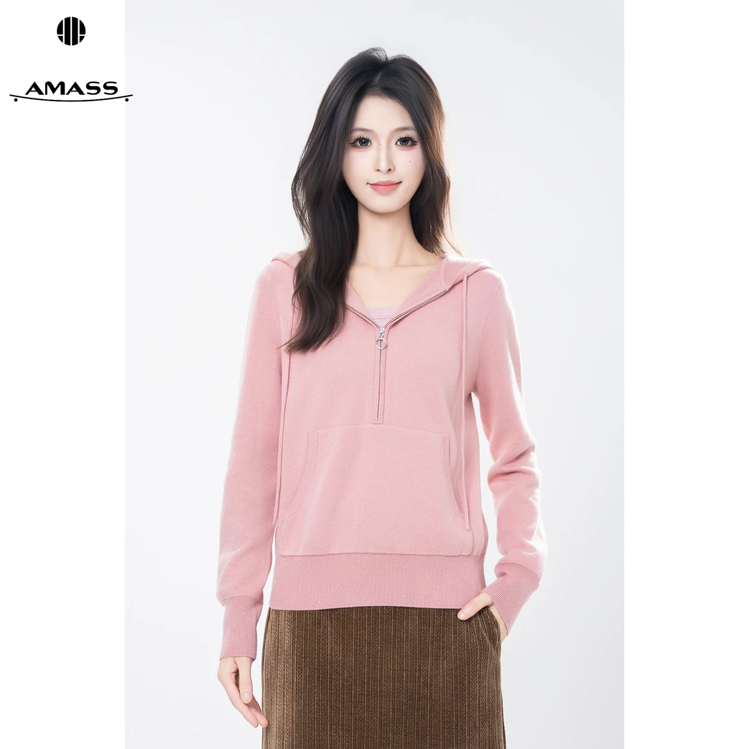 AMASS/阿玛施秋季新款时尚舒适松弛感半开领休闲连帽针织衫538083