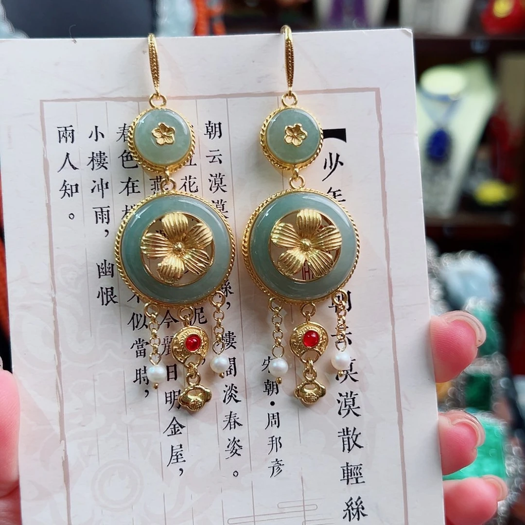 银S925镶嵌翡翠耳饰国风