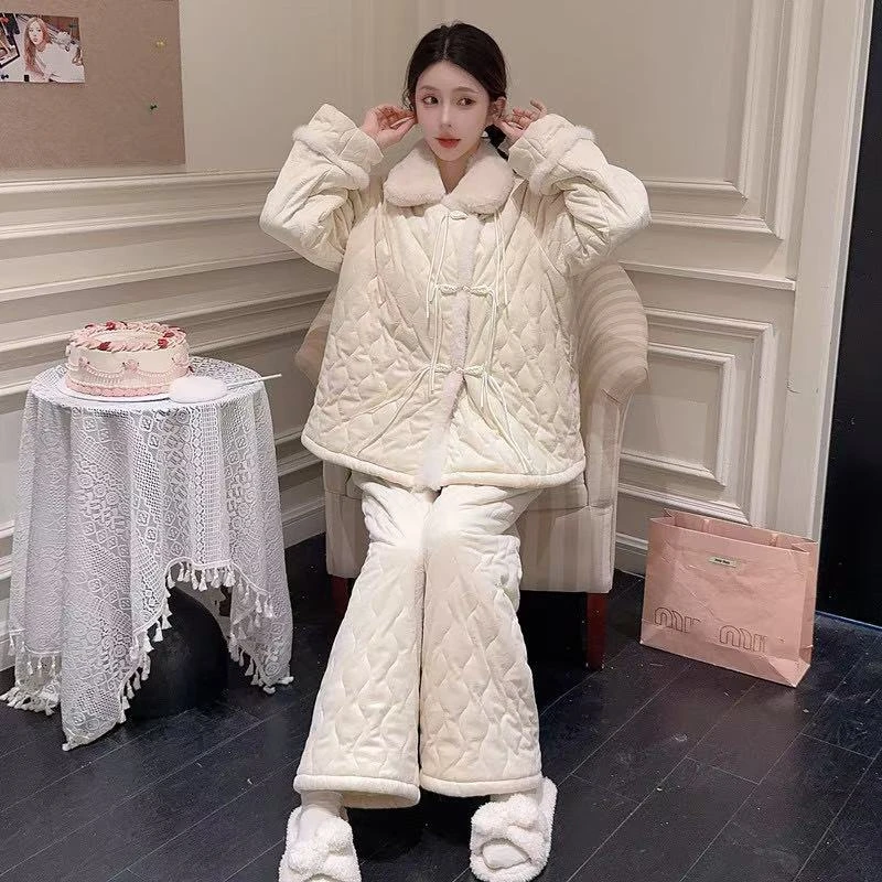 睡衣女冬季珊瑚绒2024新款国风三层加厚夹棉保暖可外穿家居服套装