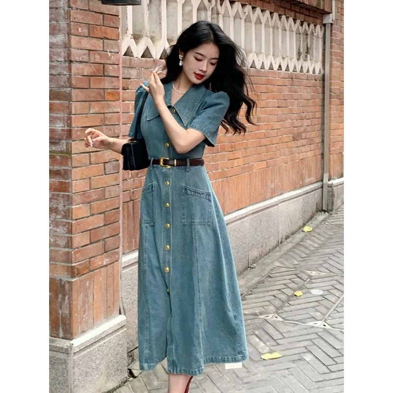 小个子短袖牛仔连衣裙女夏季2025新款设计感小众法式长裙气质裙子