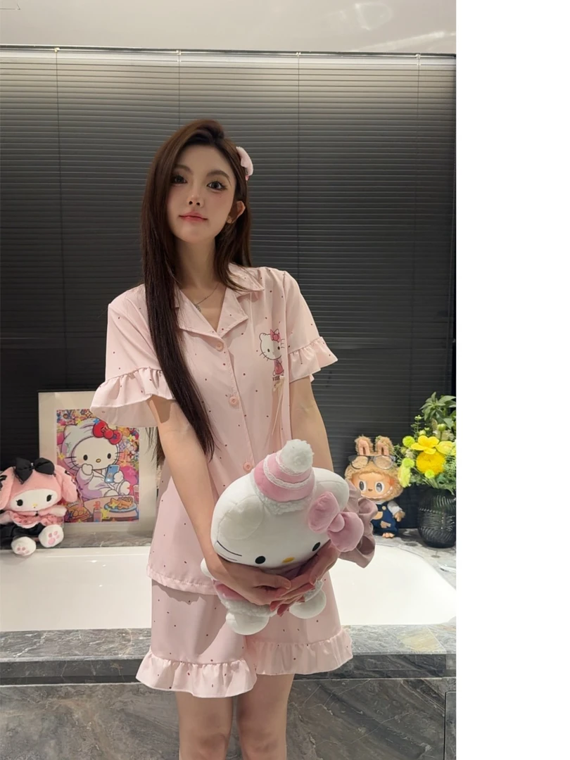 【少女Kitty两件套】新款时尚舒适软冰丝可外穿短袖短裤冰丝家居服