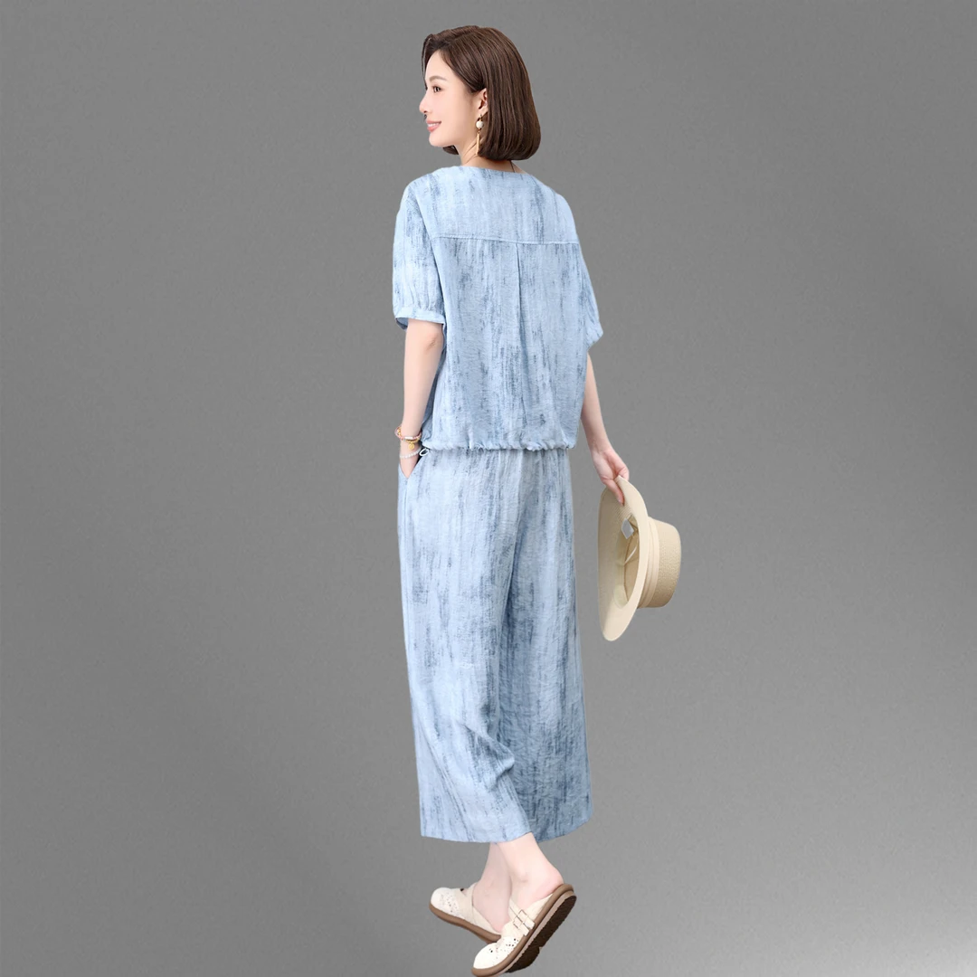 中年妈妈时尚薄款套装女2025夏新款宽松大码亚麻休闲阔腿裤两件套