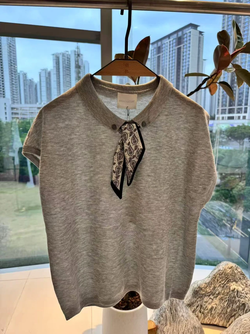 《深圳南油》气质精致丝巾蝴蝶结亚麻天丝上衣  723