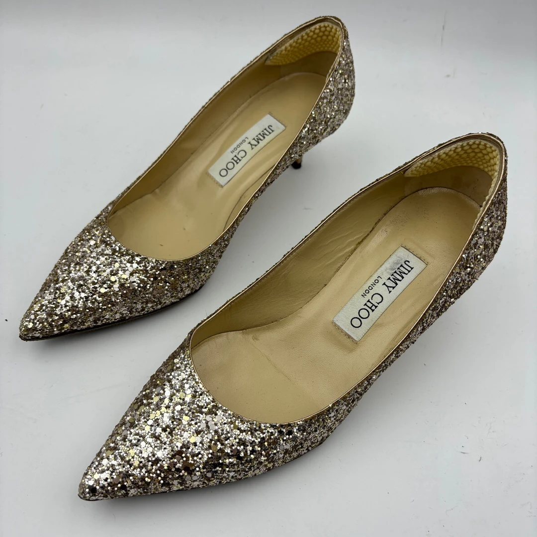 95新 JIMMY CHOO/吉米周 35.5码/金色亮片高跟鞋/无盒/95新