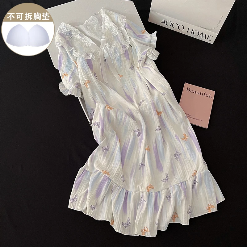 紫色蝴蝶结睡裙女新款夏季带胸垫甜美短袖公主风睡衣小个子家居服