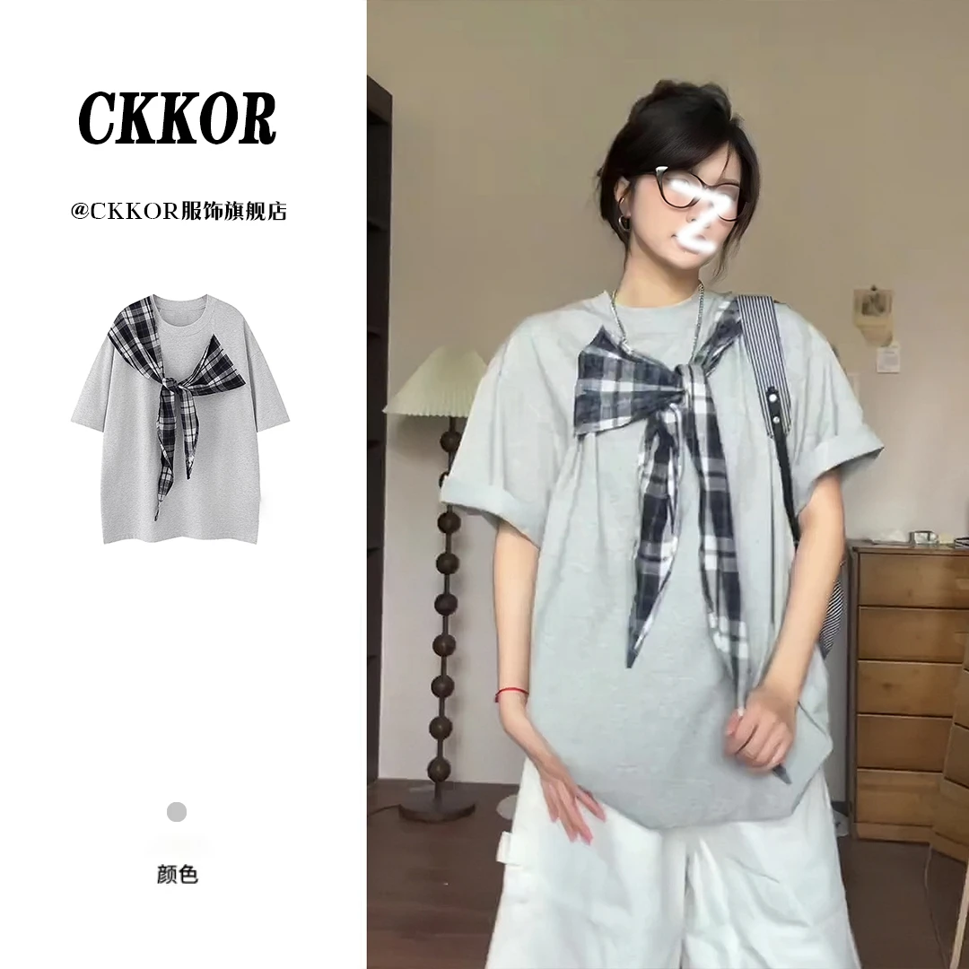 CKKOR夏季新款绑带蝴蝶结欧若风穿搭短袖t恤女小众设计感慵懒上衣