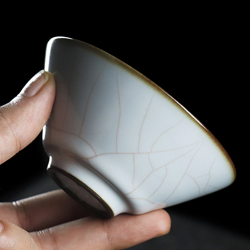 凝香阁 茶养开片铁胎月白汝窑斗笠杯 陶瓷茶具茶杯冰裂釉主人单杯