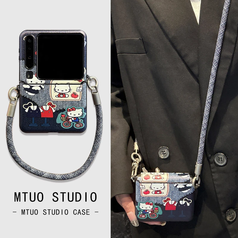 适用华为PuraX典藏版手机壳折叠屏个性牛仔kt猫连体斜跨女保护套