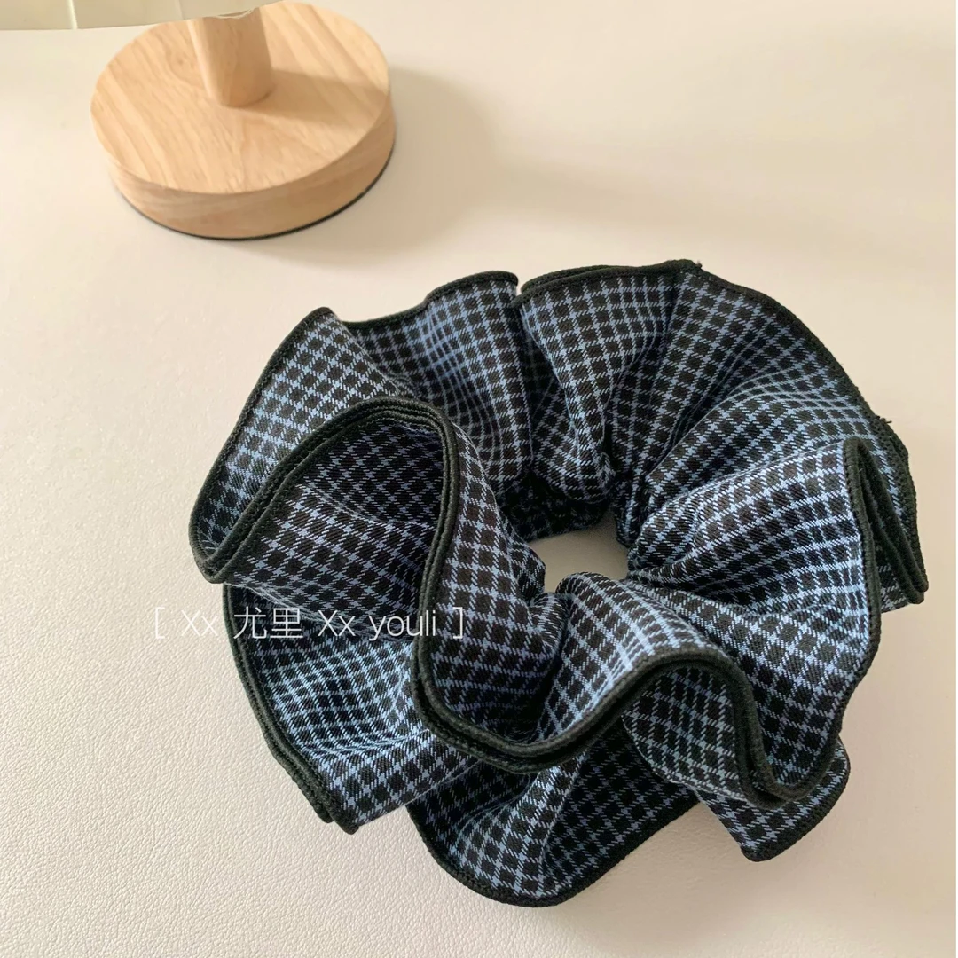 韩系格子大肠发圈丸子头饰品双层发饰头绳饱满元气褶皱花苞头