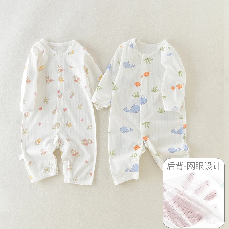 婴儿夏季长袖连体衣后背大网眼宝宝空调服超薄款新生儿衣服纯棉