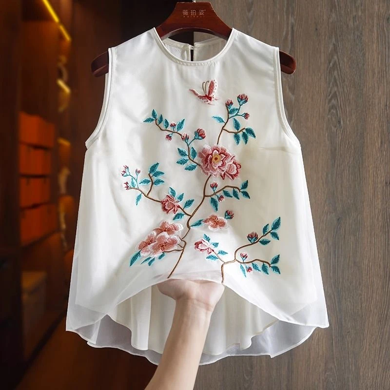 【2932人收藏】文艺复古白色绣花民族风马甲背心女中式刺绣国风无