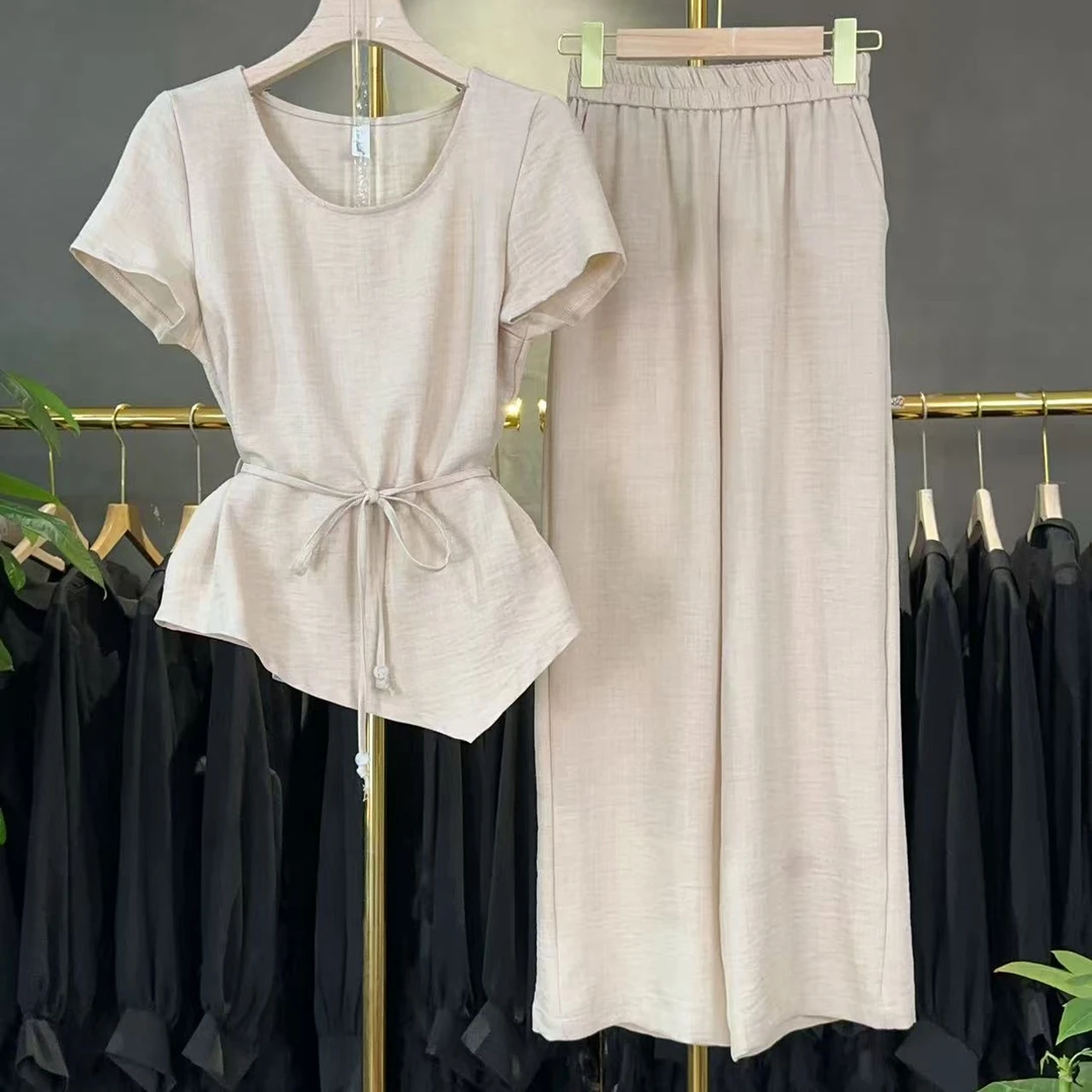 【两件套】时尚套装2025夏季新款休闲减龄上衣+阔腿裤套装M565