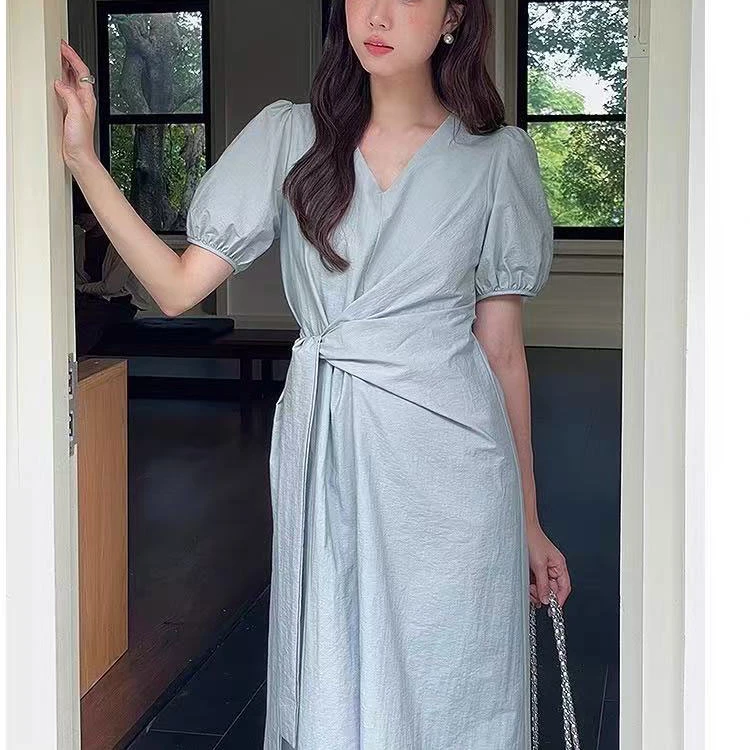 2025夏季新款全棉%V领连衣气质长裙女#C6028